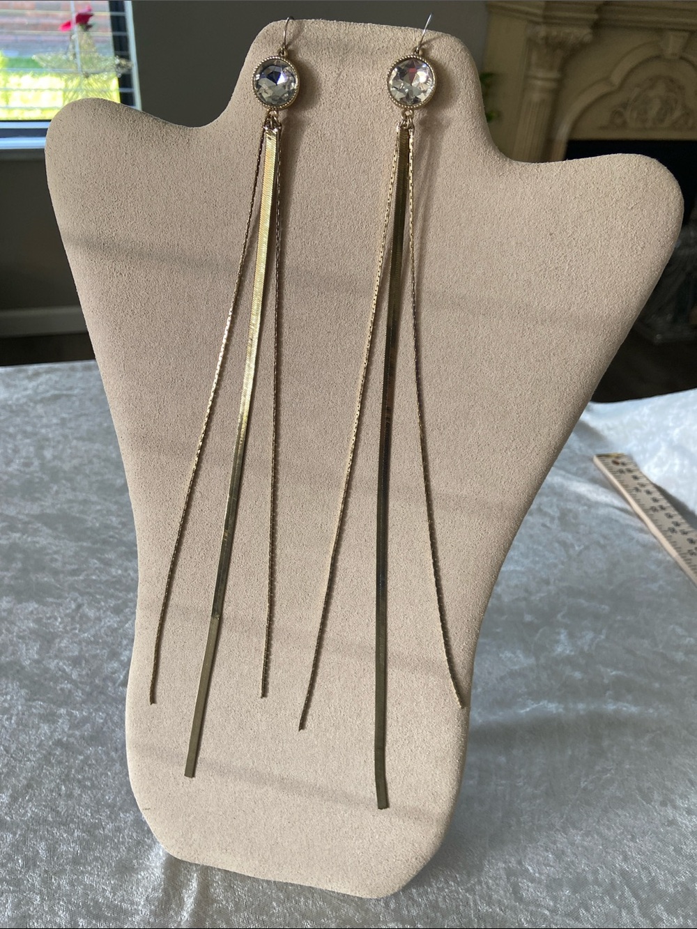 Long Gold Drop Earrings with Clear Crystal Studs - Women Jewelry